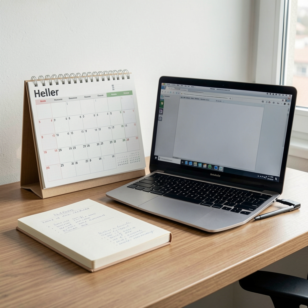 Heller Büroarbeitsplatz mit Kalender, Notizbuch und Laptop für die Planung eines Arbeitstags