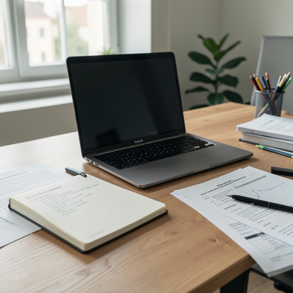 Heller deutscher Arbeitsplatz mit Notizbuch, Laptop und Unterlagen zur beruflichen Planung