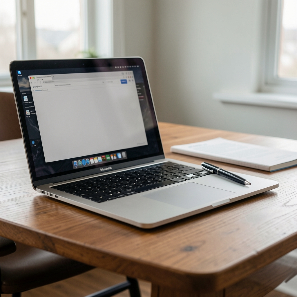 Geordnete Bewerbungsunterlagen neben Laptop und Stift auf einem Schreibtisch