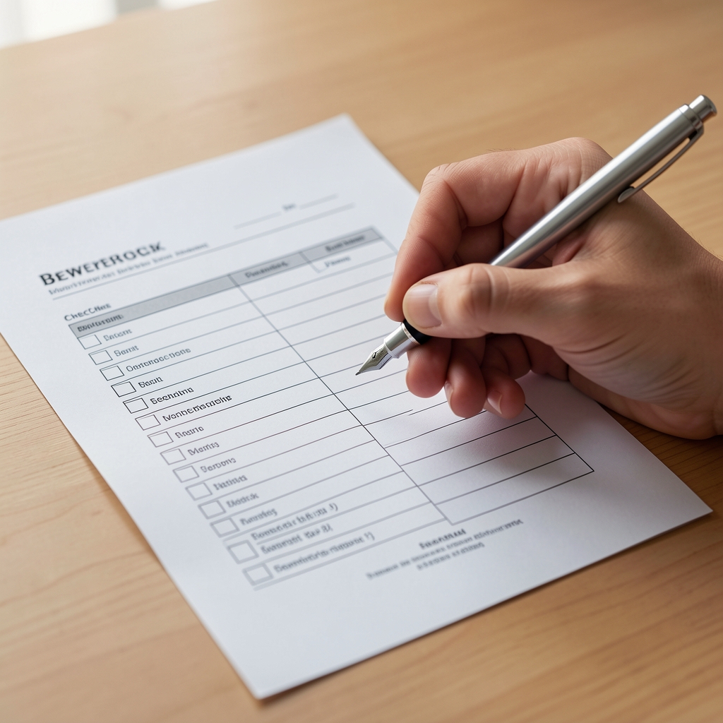 Hand mit Stift prüft eine Bewerbung auf einer gedruckten Checkliste