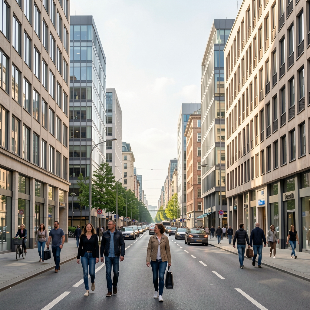 Straßenszene in einer deutschen Großstadt mit Pendlern und Bürogebäuden
