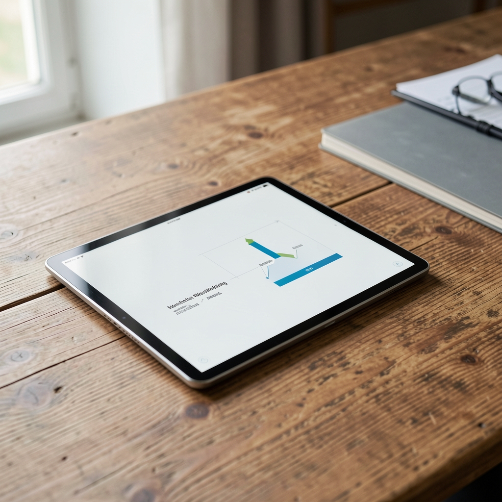 Offenes Fachbuch und Tablet auf einem Holztisch für berufliche Weiterbildung