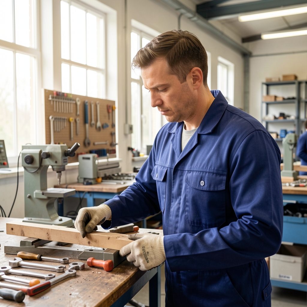 Fachkraft arbeitet konzentriert in einer hellen deutschen Werkstatt